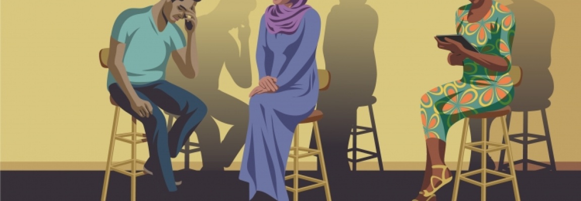 Three people in a therapy setting for WHO EQUIP nonprofit therapy project Illustration of one person being counselled by another whilst a training observer takes notes