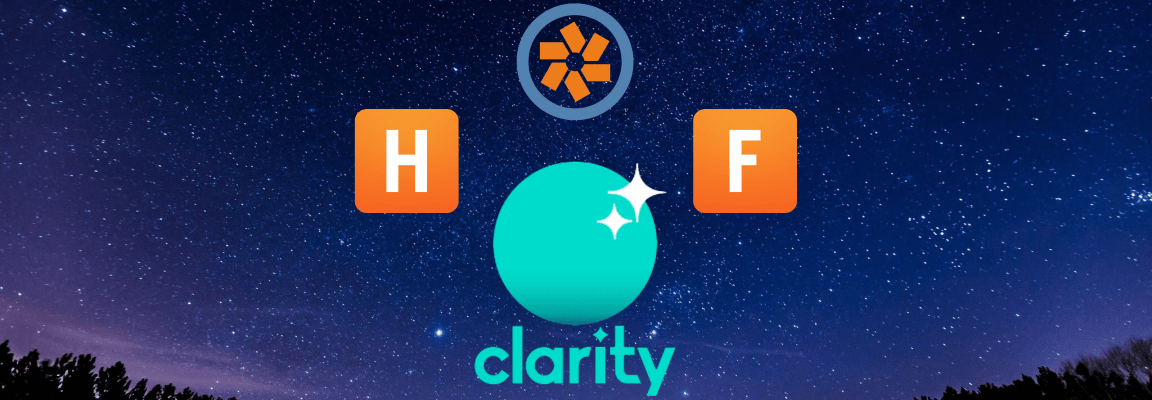 Clarity brings together three brilliant tools to make them even more powerful Clarity, Harvest, Forecast and Pivotal Tracker logos on a starry night background
