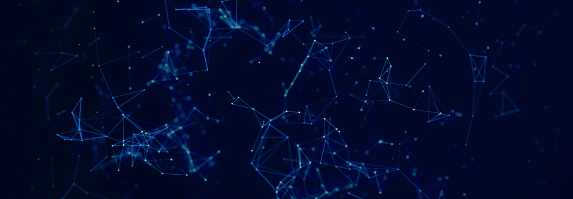 Dark blue background with lighter blue connected dots in the foreground illustrating the way CRM systems work and how we integrate them together Blue visualisation of connected data