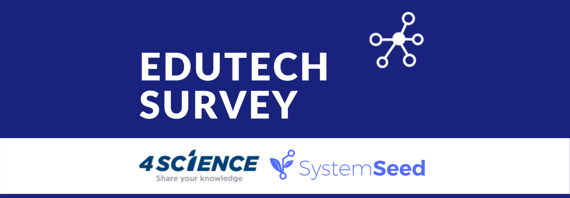 Edutech survey title and icon on dark blue background with 4Science and SystemSeed logos on a white stripe