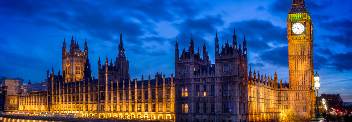 View of the houses of parliament in Westminster at dusk