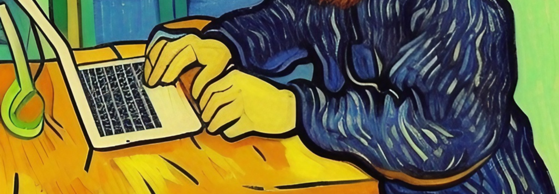 Van Gogh style painting of a man with a red beard working at a laptop