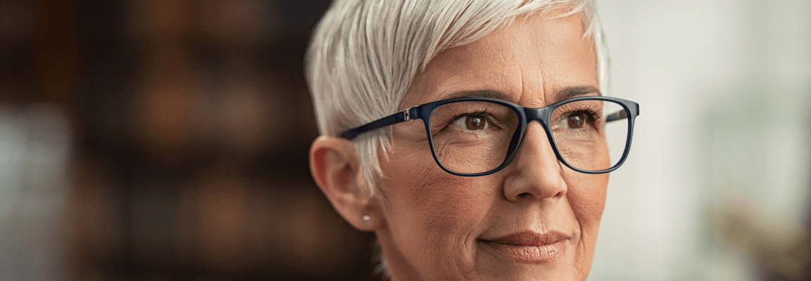 Middle aged white woman with short grey hair and glasses looking thoughtful