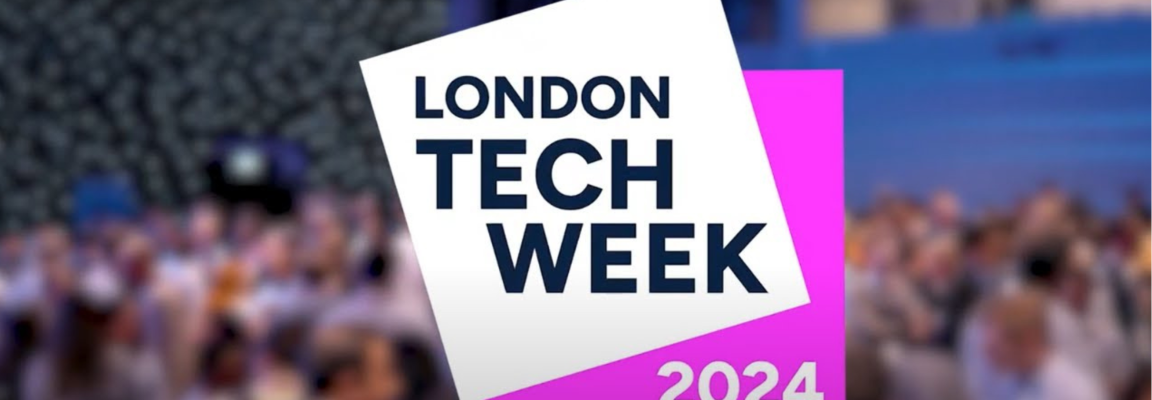 London Tech Week 2024 logo superimposed on a blurry image of a conference crowd