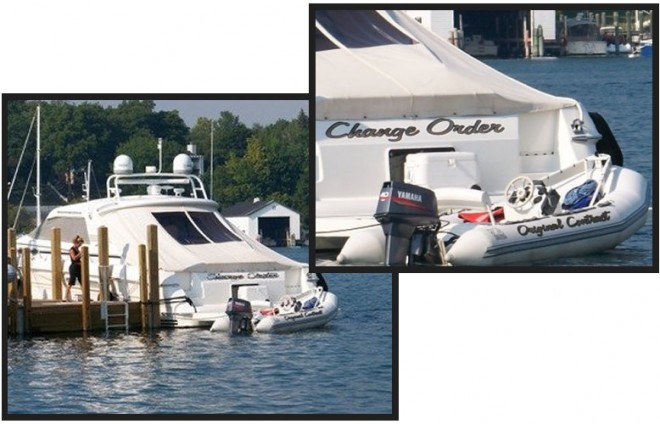 Boat with Original Contract on dinghy and Change Order on a yacht