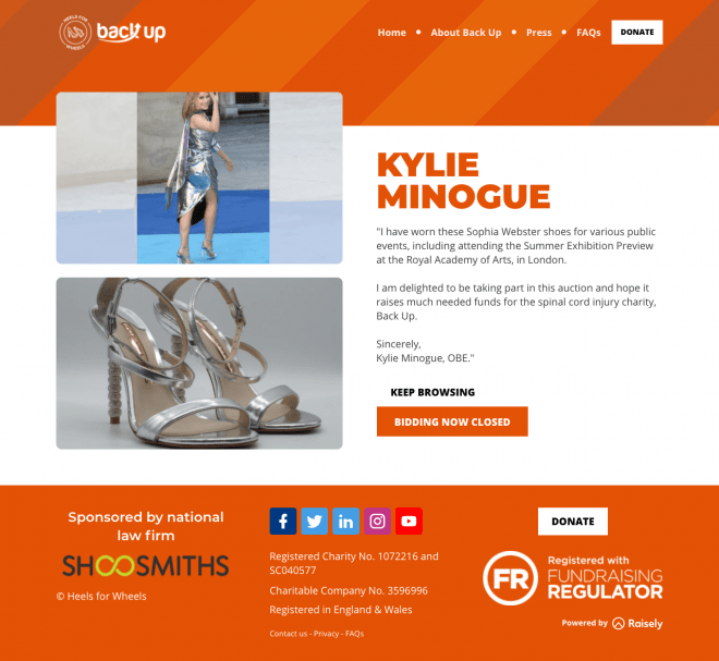 Heels for Wheels lot page for Kylie Minogue