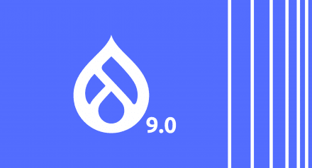 Drupal 9 logo on blue background with bars