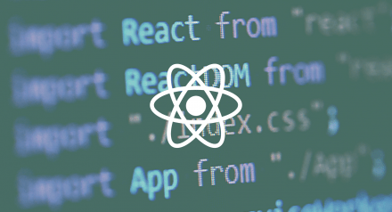 React performance article header - part one. Screen showing React code with React logo on top