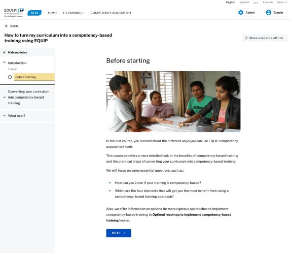 Module for EQUIP using ANU LMS Lesson page for EQUIP showing module navigation on the left