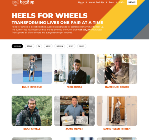 Heels for Wheels homepage for The BackUp Trust using Raisely