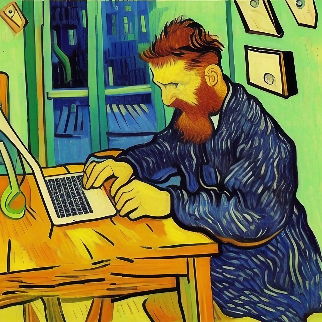 Vincent van Gogh is sitting at a laptop. The image is in his acrylic painting style
