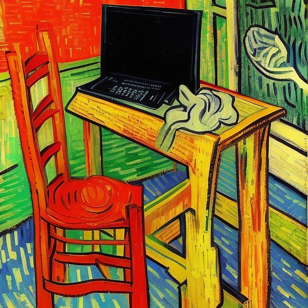 Van Gogh style painting of a desk with an open laptop on it and a red chair