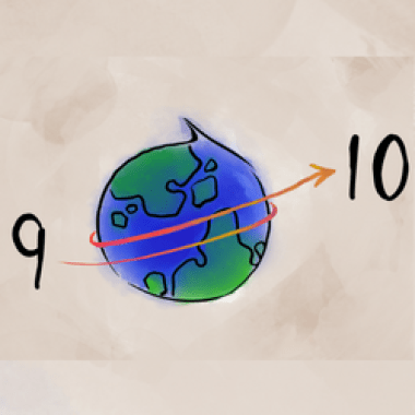 Sketch of earth in a drop shape with a number 9 and a number 10 and red arrows in between
